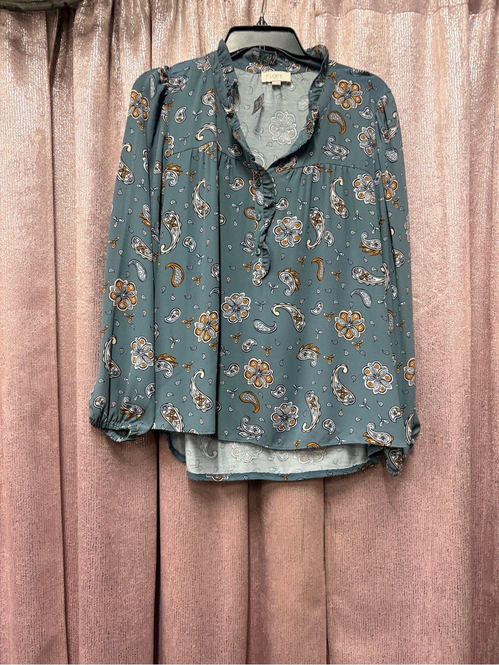 LOFT Teal Paisley Floral Ruffle-Neck Blouse